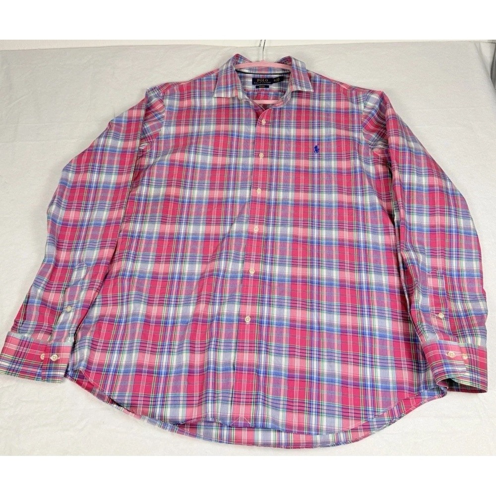 Polo Ralph Lauren Blue Pony Button Down No Iron Dress Shirt Men's XXL Pink Plaid